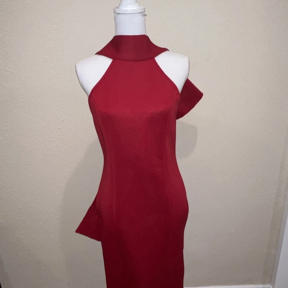 Chic Missord Midi Bodycon Red Dress With Dramatic Back Bow- XL FITS Size 8/10